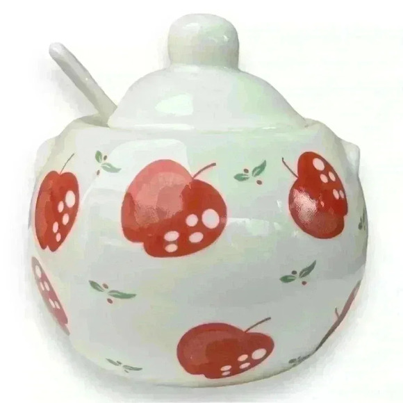 VTG Red Apple Ceramic Sugar Bowl Jam Jar - Picture 3 of 12